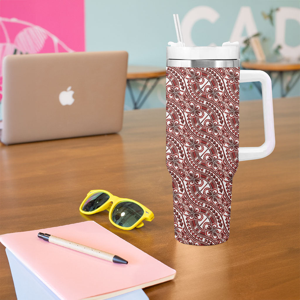Hibiscus Bloom Island Tribal Waves Tumbler With Handle Red Polynesian Pattern