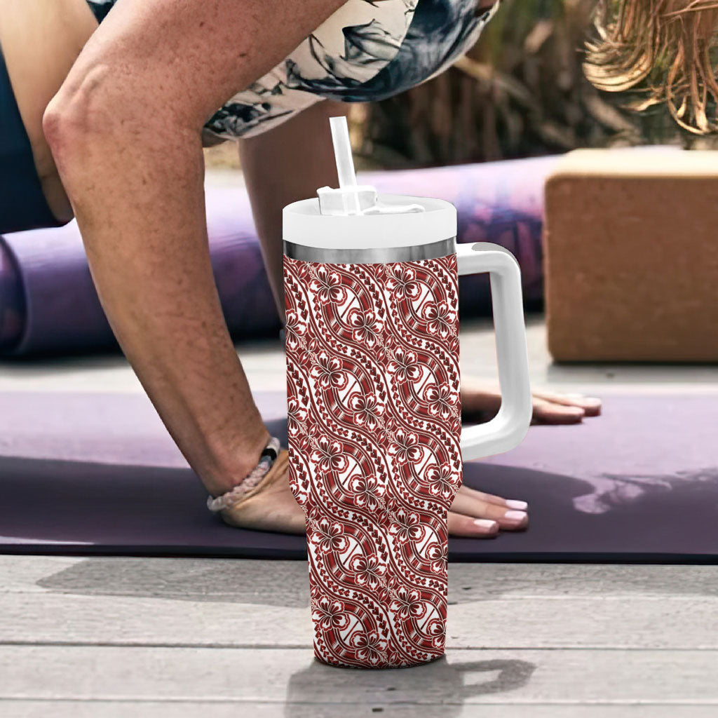 Hibiscus Bloom Island Tribal Waves Tumbler With Handle Red Polynesian Pattern