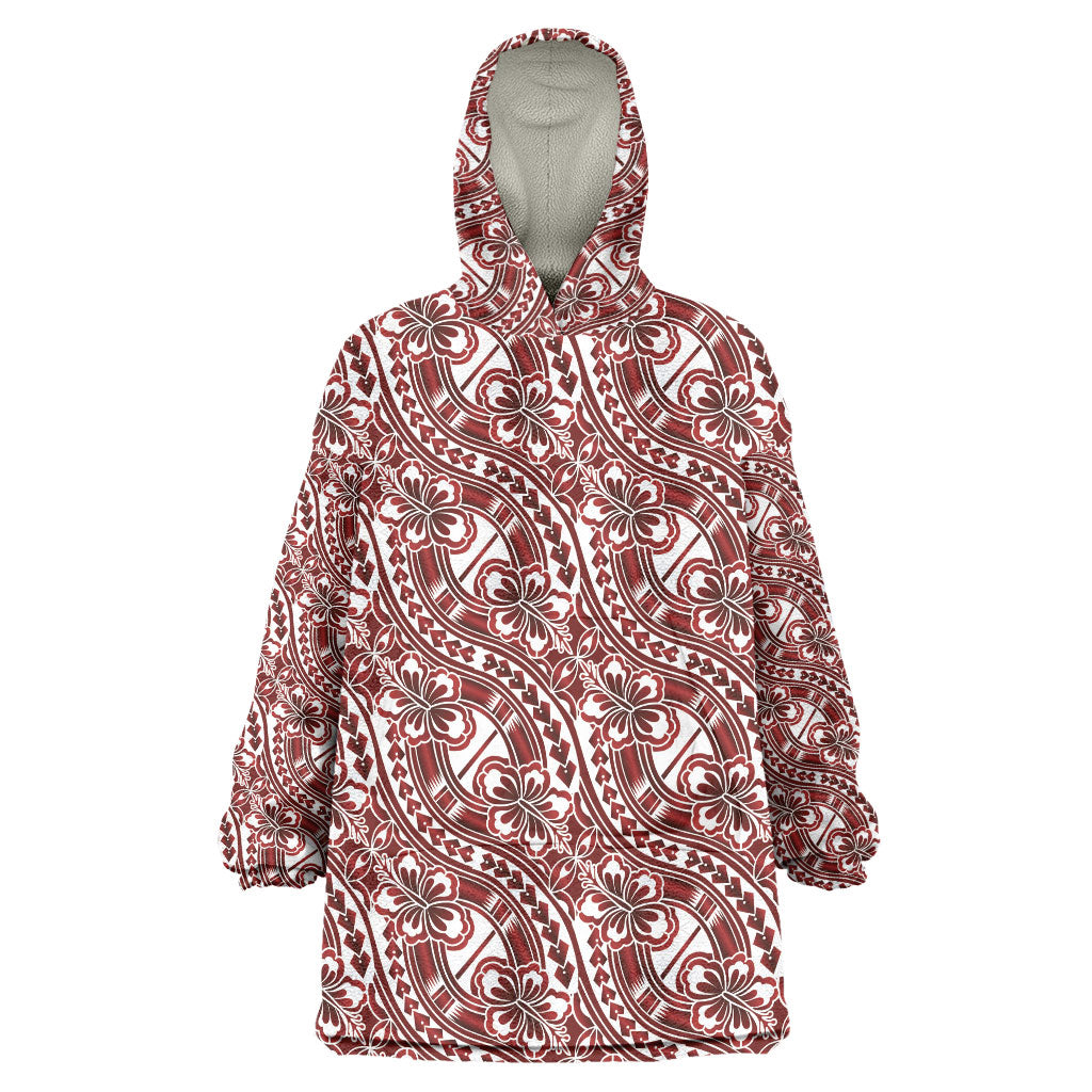 Hibiscus Bloom Island Tribal Waves Wearable Blanket Hoodie Red Polynesian Pattern LT01 One Size Red - Polynesian Pride