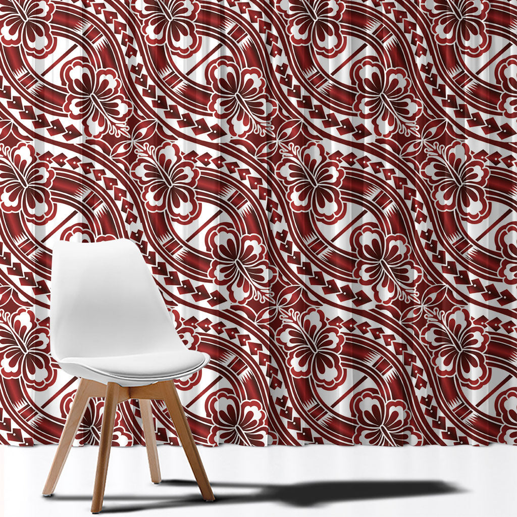 Hibiscus Bloom Island Tribal Waves Window Curtain Red Polynesian Pattern