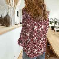 Hibiscus Bloom Island Tribal Waves Women Casual Shirt Red Polynesian Pattern