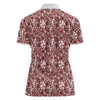Hibiscus Bloom Island Tribal Waves Women Polo Shirt Red Polynesian Pattern