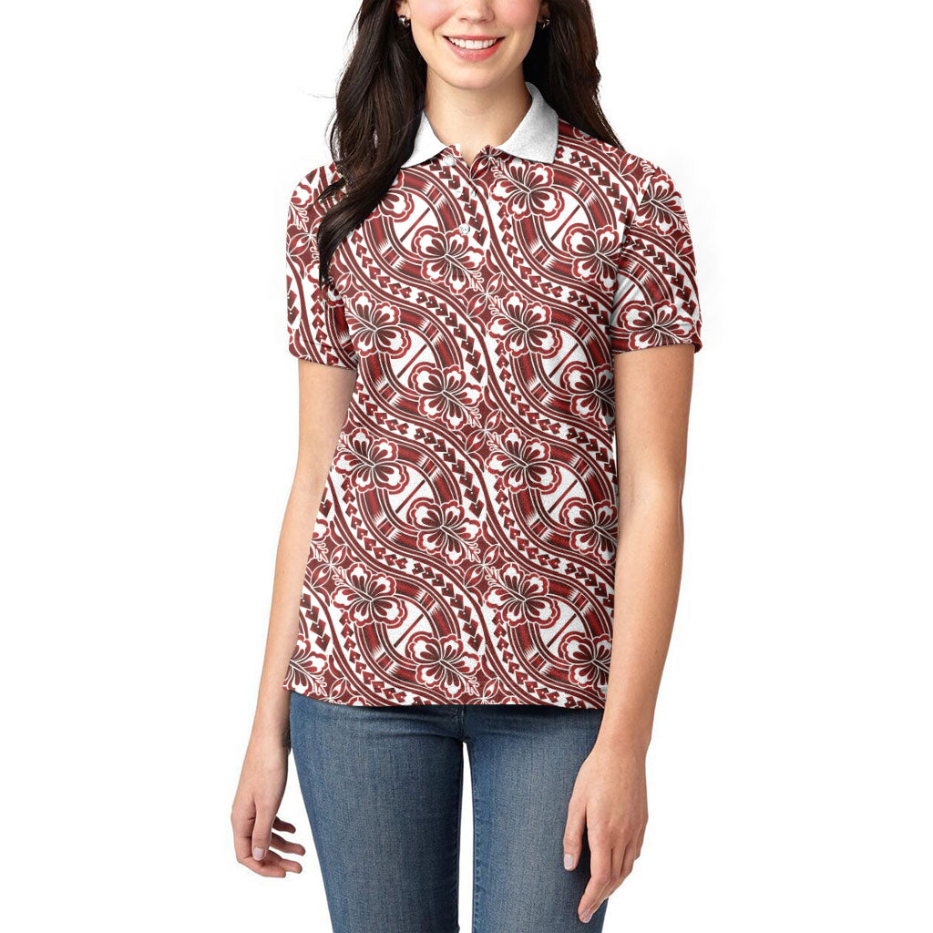 Hibiscus Bloom Island Tribal Waves Women Polo Shirt Red Polynesian Pattern