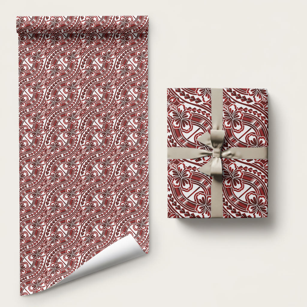 Hibiscus Bloom Island Tribal Waves Wrapping Paper Red Polynesian Pattern