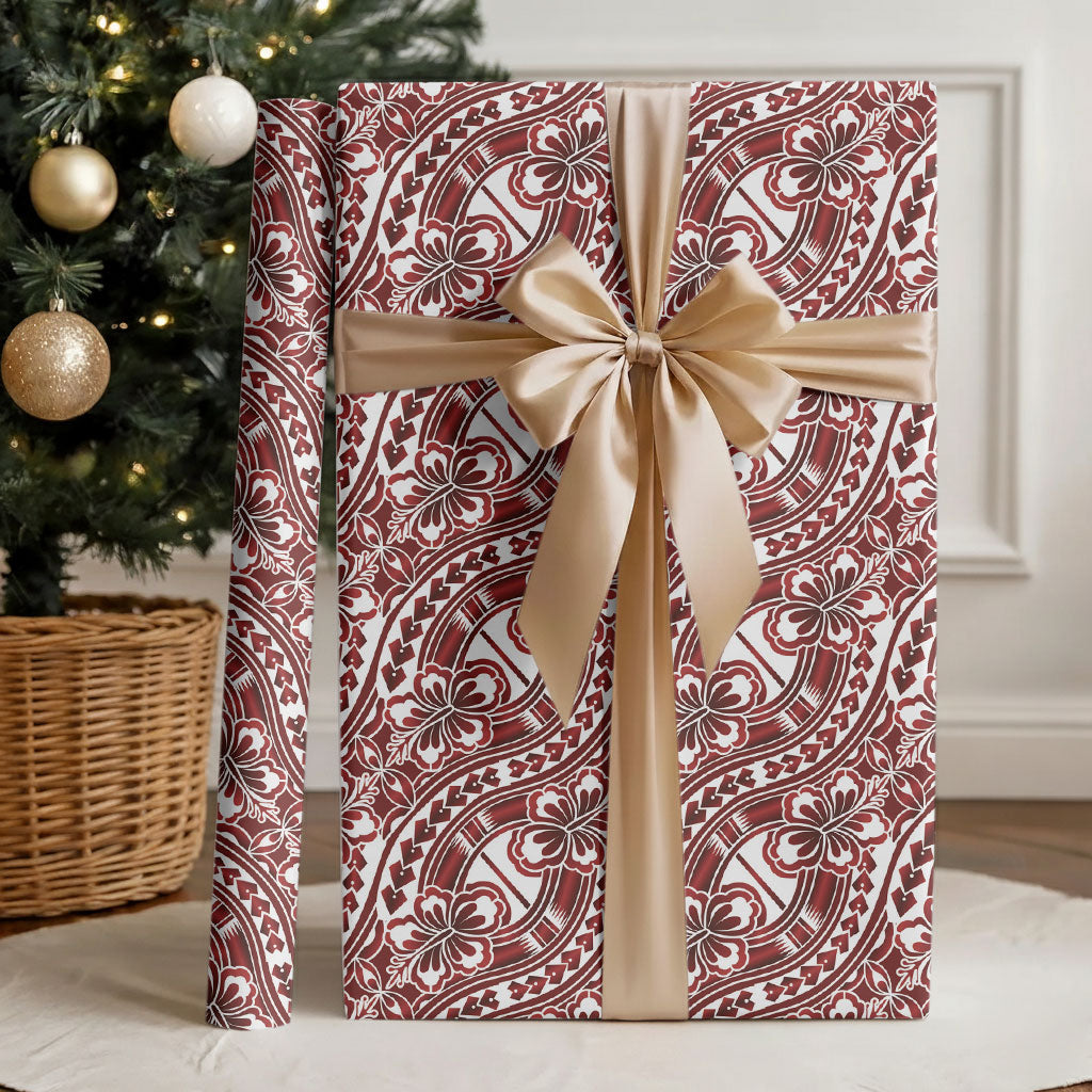 Hibiscus Bloom Island Tribal Waves Wrapping Paper Red Polynesian Pattern