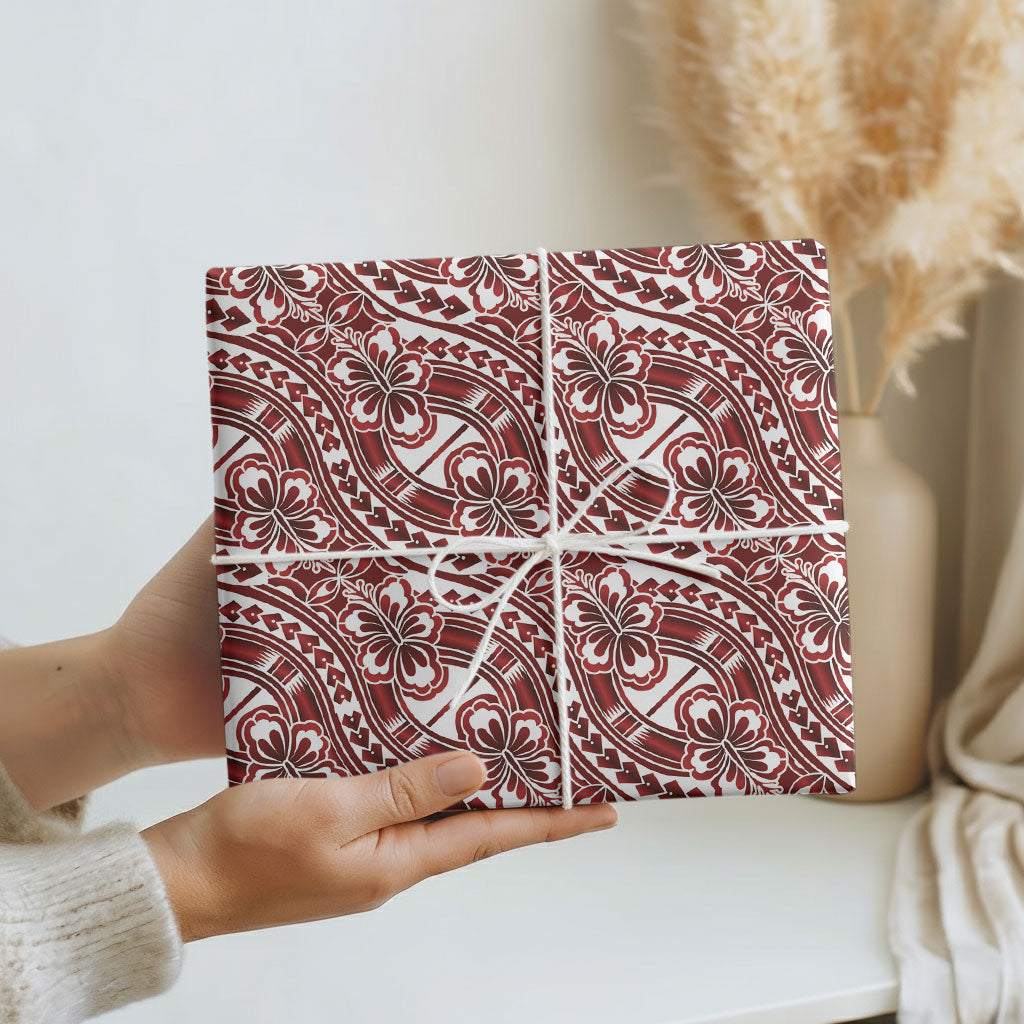 Hibiscus Bloom Island Tribal Waves Wrapping Paper Red Polynesian Pattern