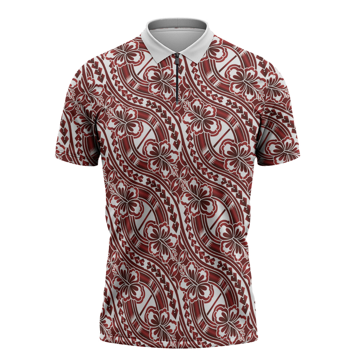 Hibiscus Bloom Island Tribal Waves Zipper Polo Shirt Red Polynesian Pattern