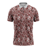 Hibiscus Bloom Island Tribal Waves Zipper Polo Shirt Red Polynesian Pattern
