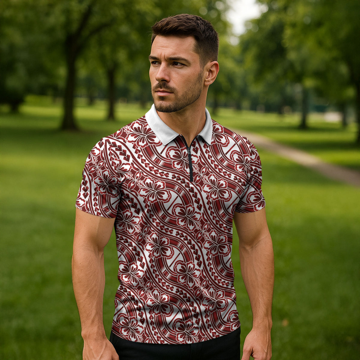 Hibiscus Bloom Island Tribal Waves Zipper Polo Shirt Red Polynesian Pattern