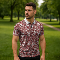 Hibiscus Bloom Island Tribal Waves Zipper Polo Shirt Red Polynesian Pattern
