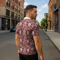 Hibiscus Bloom Island Tribal Waves Zipper Polo Shirt Red Polynesian Pattern