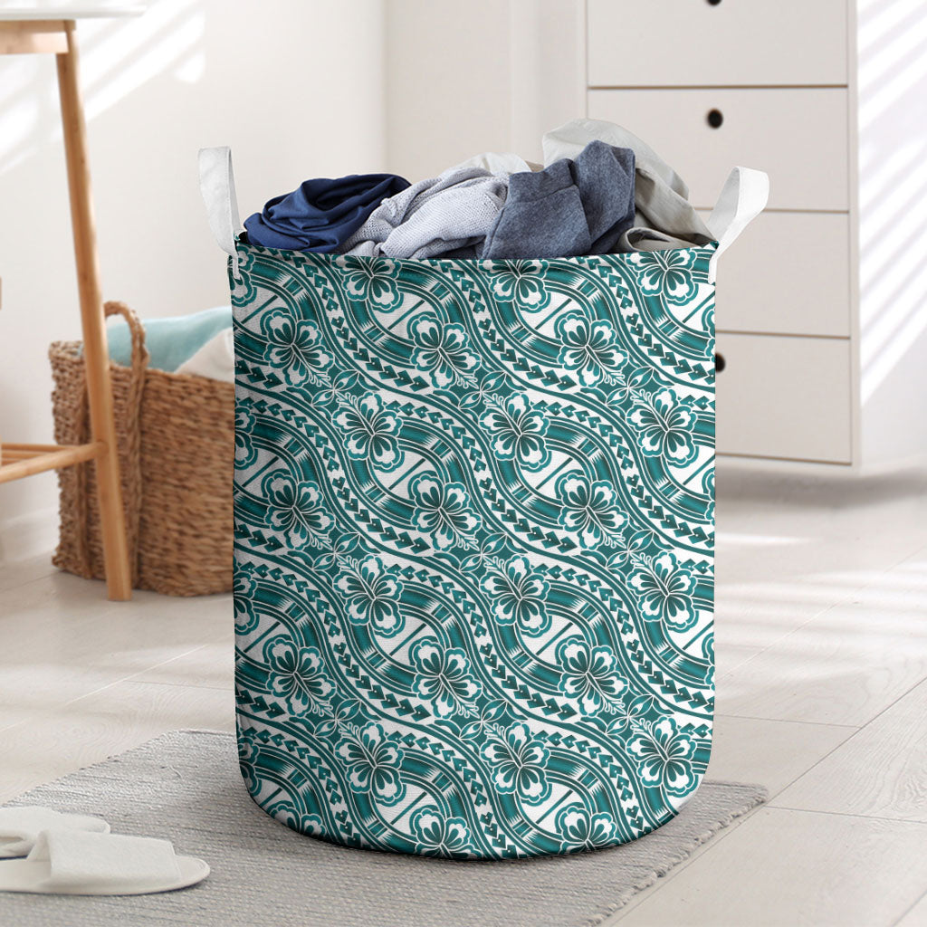 Hibiscus Bloom Island Tribal Waves Laundry Basket Teal Polynesian Pattern