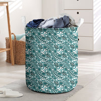 Hibiscus Bloom Island Tribal Waves Laundry Basket Teal Polynesian Pattern