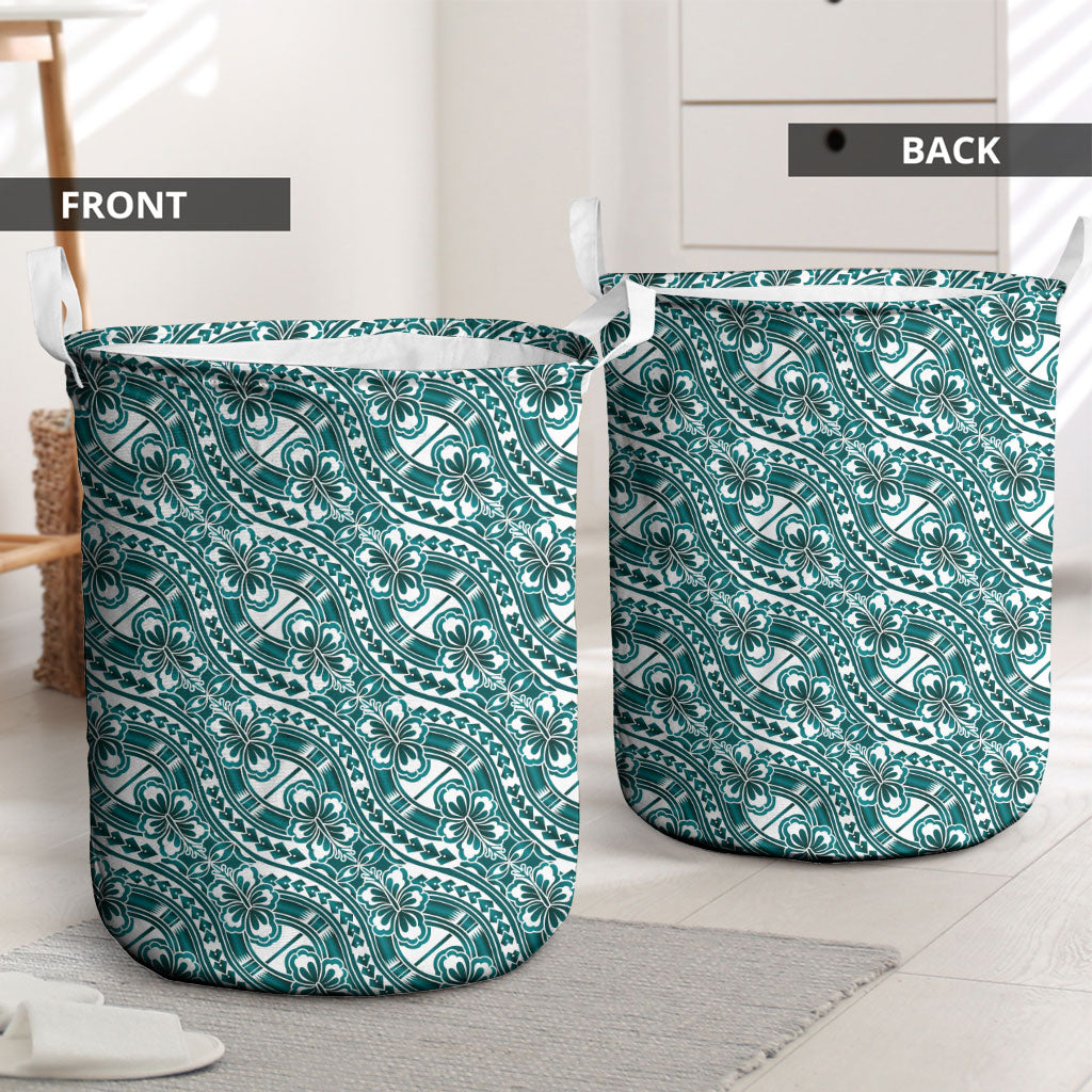 Hibiscus Bloom Island Tribal Waves Laundry Basket Teal Polynesian Pattern