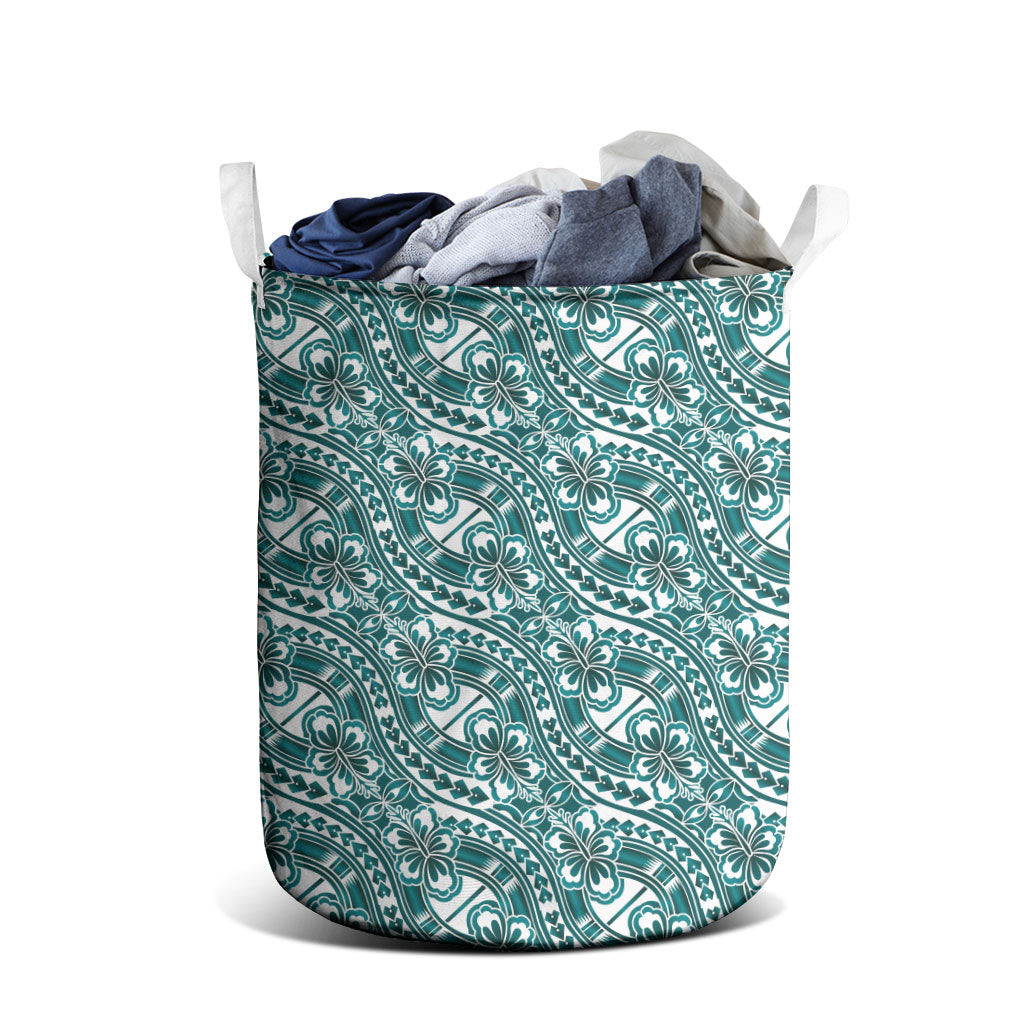 Hibiscus Bloom Island Tribal Waves Laundry Basket Teal Polynesian Pattern
