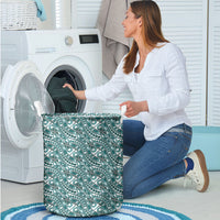 Hibiscus Bloom Island Tribal Waves Laundry Basket Teal Polynesian Pattern