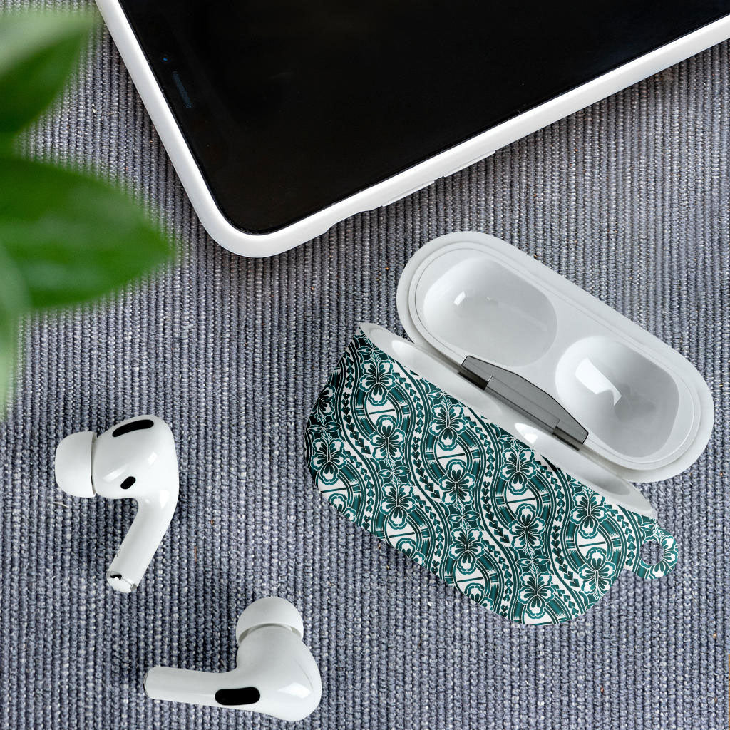 Hibiscus Bloom Island Tribal Waves AirPods Case Teal Polynesian Pattern