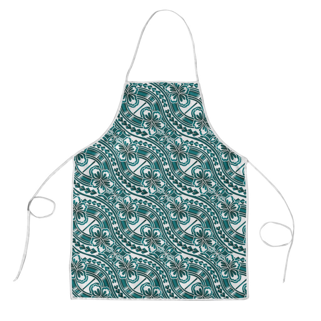 Hibiscus Bloom Island Tribal Waves Apron Teal Polynesian Pattern