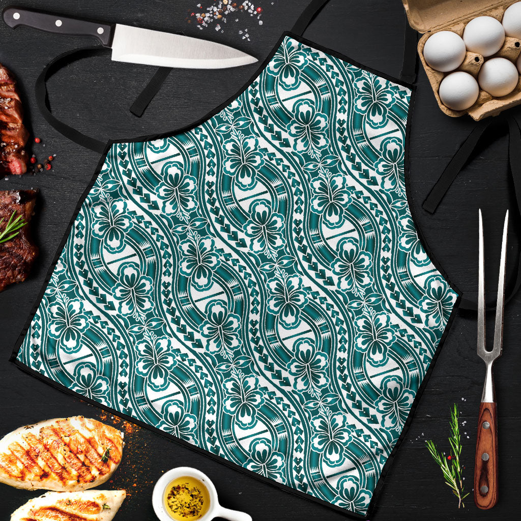 Hibiscus Bloom Island Tribal Waves Apron Teal Polynesian Pattern