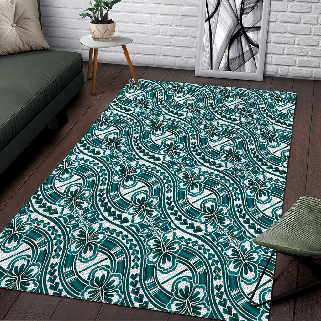 Hibiscus Bloom Island Tribal Waves Area Rug Teal Polynesian Pattern