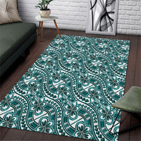 Hibiscus Bloom Island Tribal Waves Area Rug Teal Polynesian Pattern
