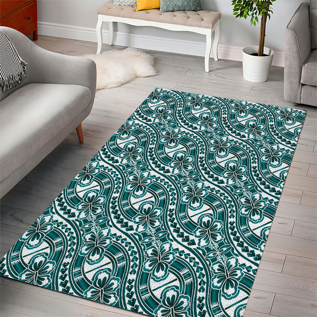 Hibiscus Bloom Island Tribal Waves Area Rug Teal Polynesian Pattern