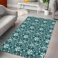 Hibiscus Bloom Island Tribal Waves Area Rug Teal Polynesian Pattern