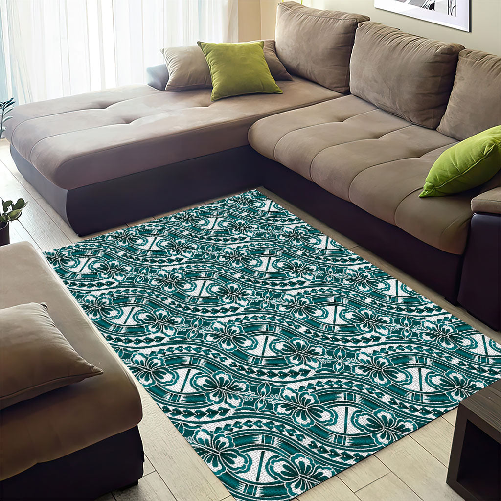 Hibiscus Bloom Island Tribal Waves Area Rug Teal Polynesian Pattern