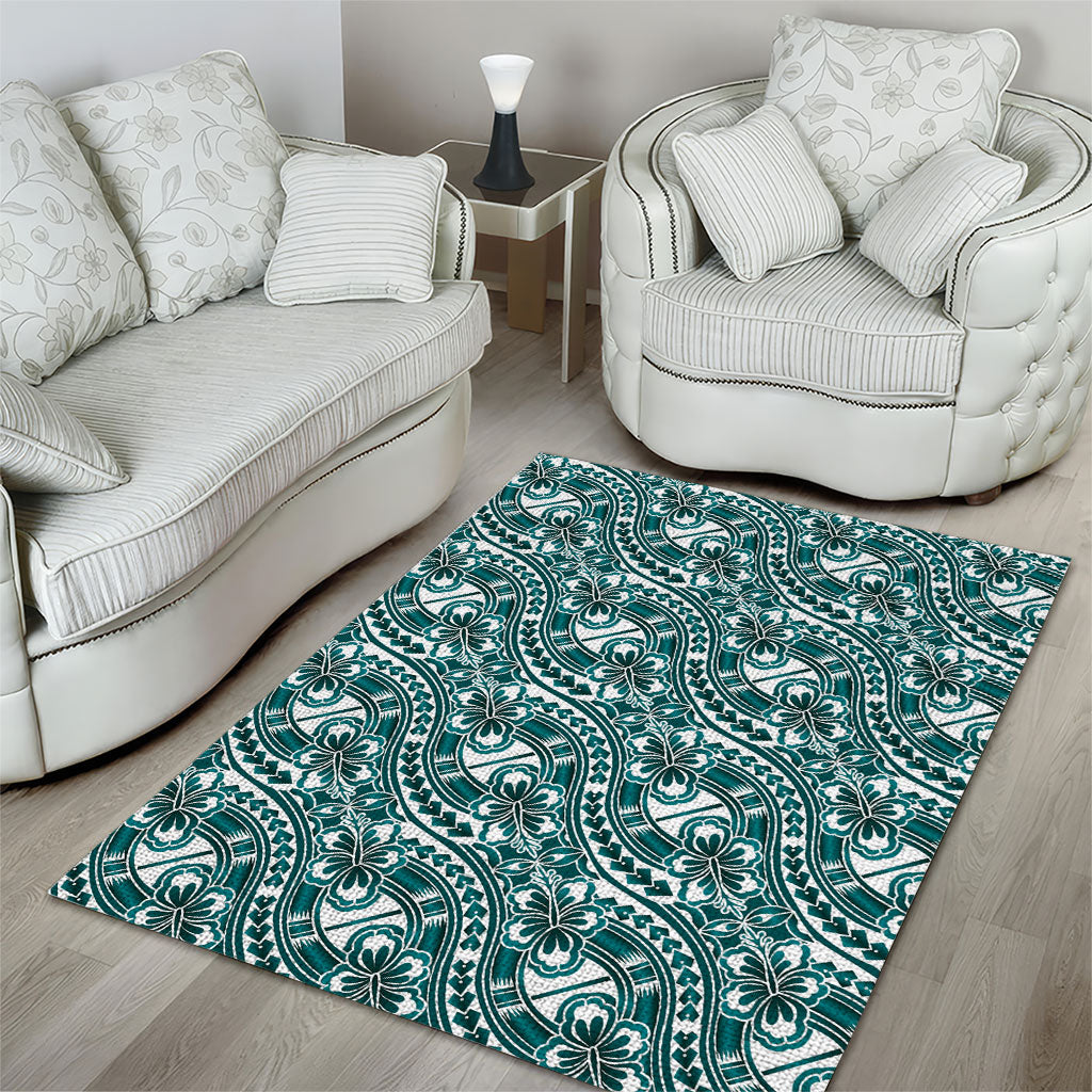 Hibiscus Bloom Island Tribal Waves Area Rug Teal Polynesian Pattern