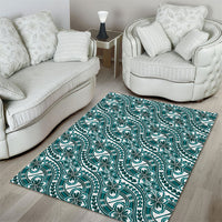Hibiscus Bloom Island Tribal Waves Area Rug Teal Polynesian Pattern