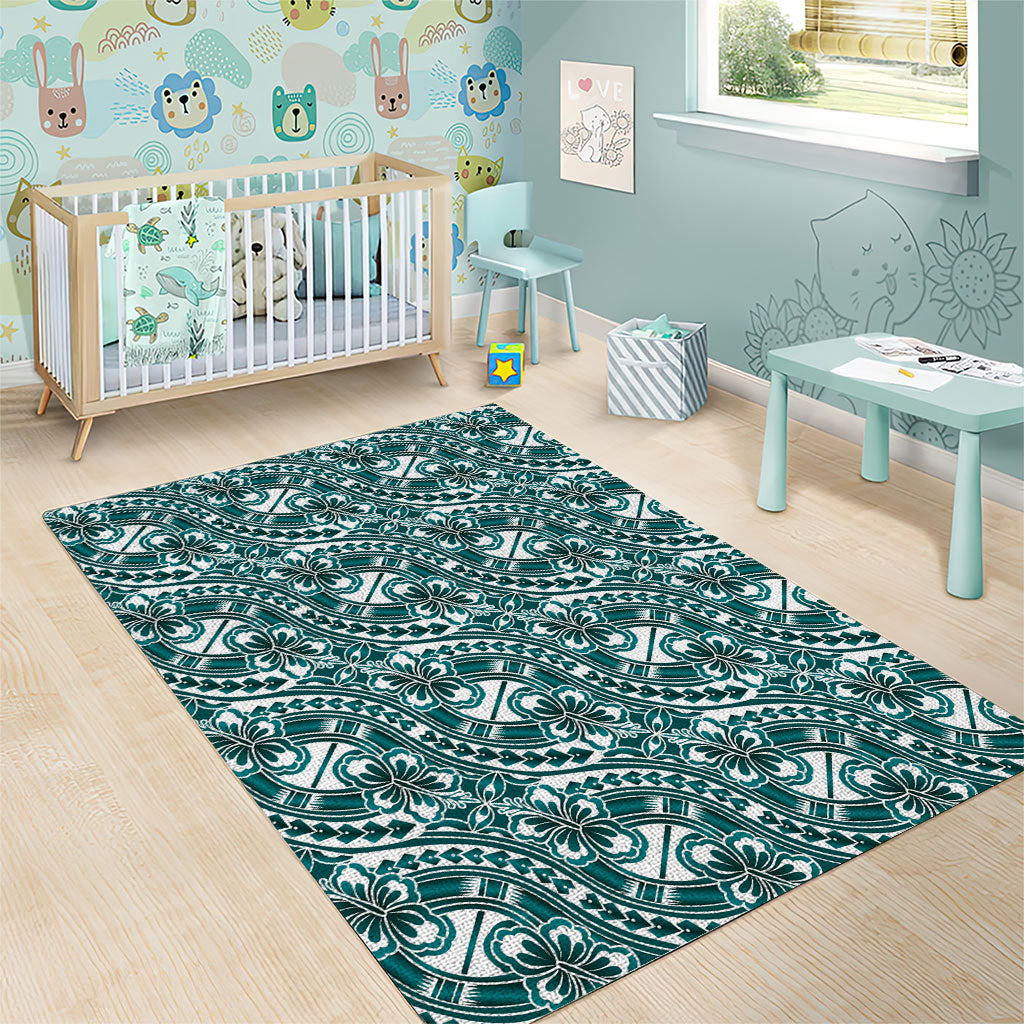 Hibiscus Bloom Island Tribal Waves Area Rug Teal Polynesian Pattern