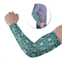 Hibiscus Bloom Island Tribal Waves Arm Sleeves Teal Polynesian Pattern