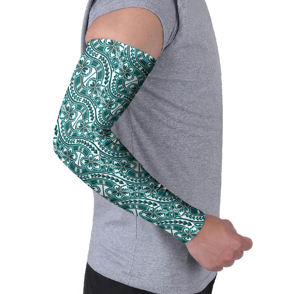 Hibiscus Bloom Island Tribal Waves Arm Sleeves Teal Polynesian Pattern
