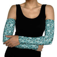 Hibiscus Bloom Island Tribal Waves Arm Sleeves Teal Polynesian Pattern
