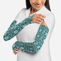 Hibiscus Bloom Island Tribal Waves Arm Sleeves Teal Polynesian Pattern