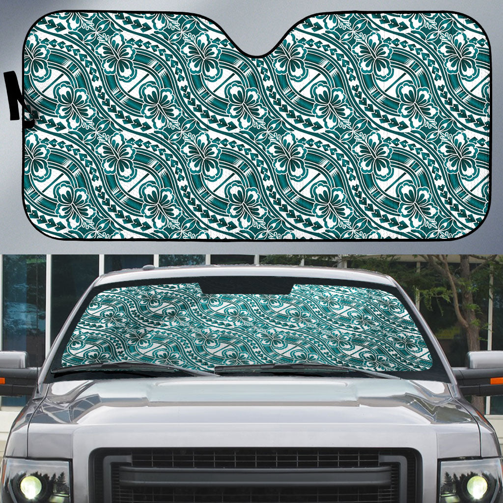 Hibiscus Bloom Island Tribal Waves Auto Sun Shade Teal Polynesian Pattern