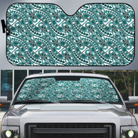 Hibiscus Bloom Island Tribal Waves Auto Sun Shade Teal Polynesian Pattern