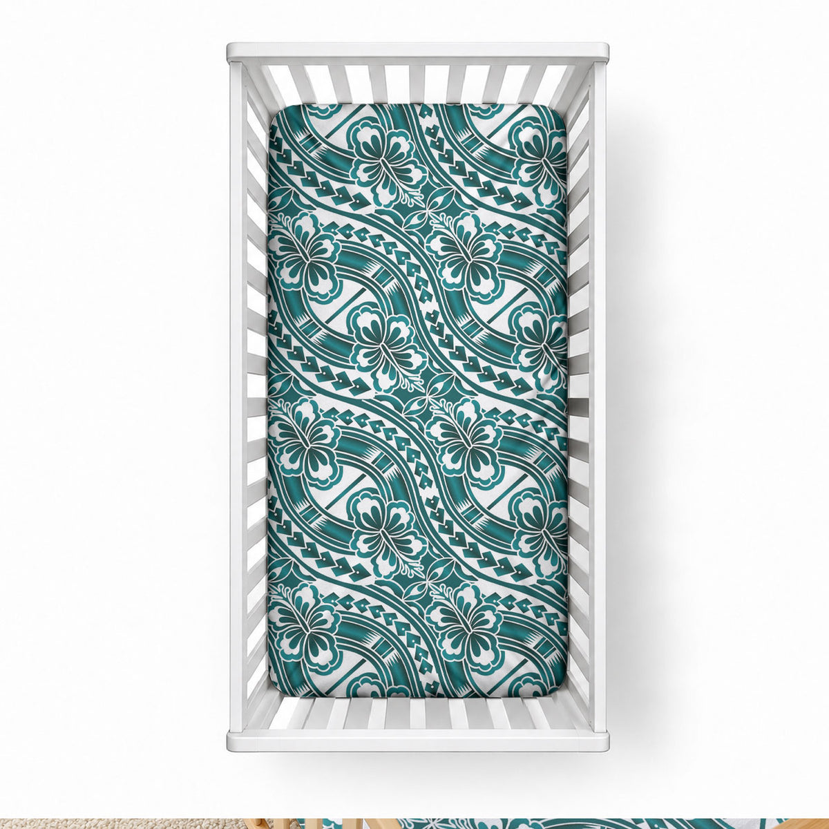 Hibiscus Bloom Island Tribal Waves Baby Bed Cover Teal Polynesian Pattern