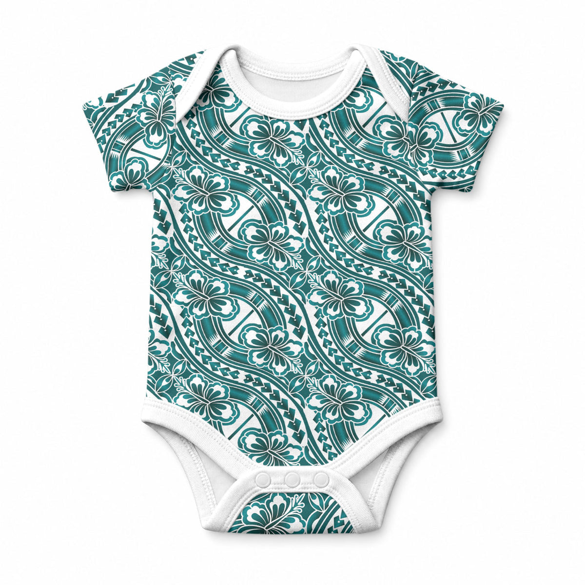 Hibiscus Bloom Island Tribal Waves Baby Onesie Teal Polynesian Pattern