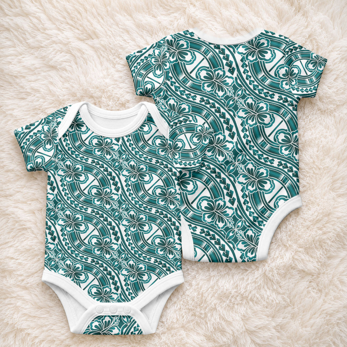 Hibiscus Bloom Island Tribal Waves Baby Onesie Teal Polynesian Pattern