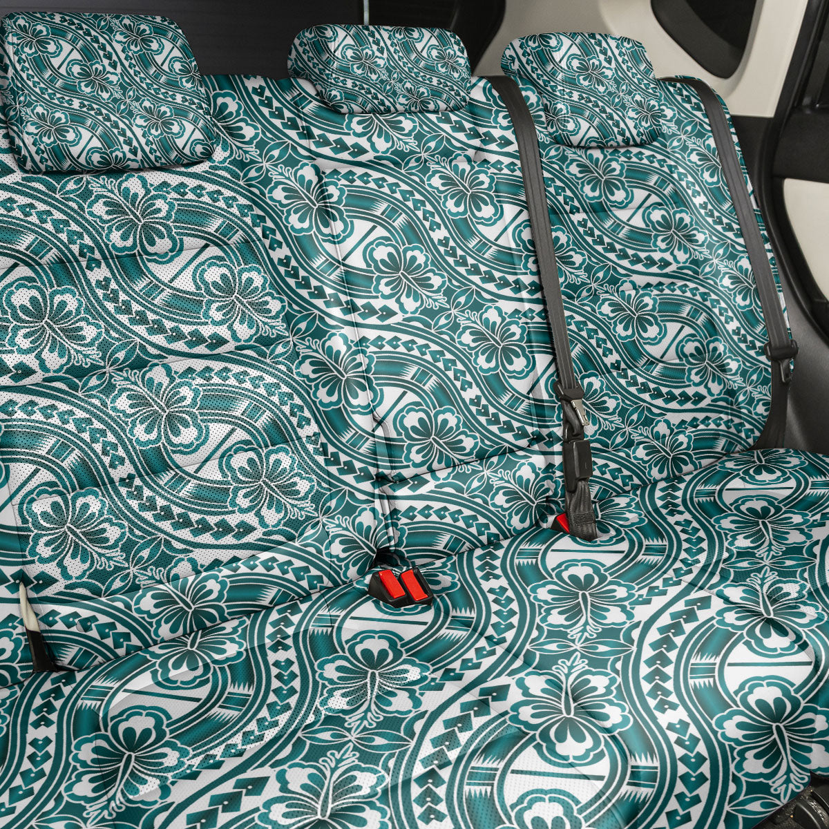 Hibiscus Bloom Island Tribal Waves Back Car Seat Cover Teal Polynesian Pattern