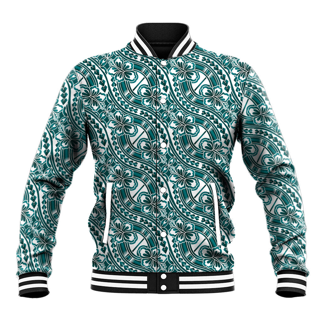 Hibiscus Bloom Island Tribal Waves Baseball Jacket Teal Polynesian Pattern