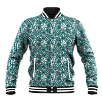 Hibiscus Bloom Island Tribal Waves Baseball Jacket Teal Polynesian Pattern