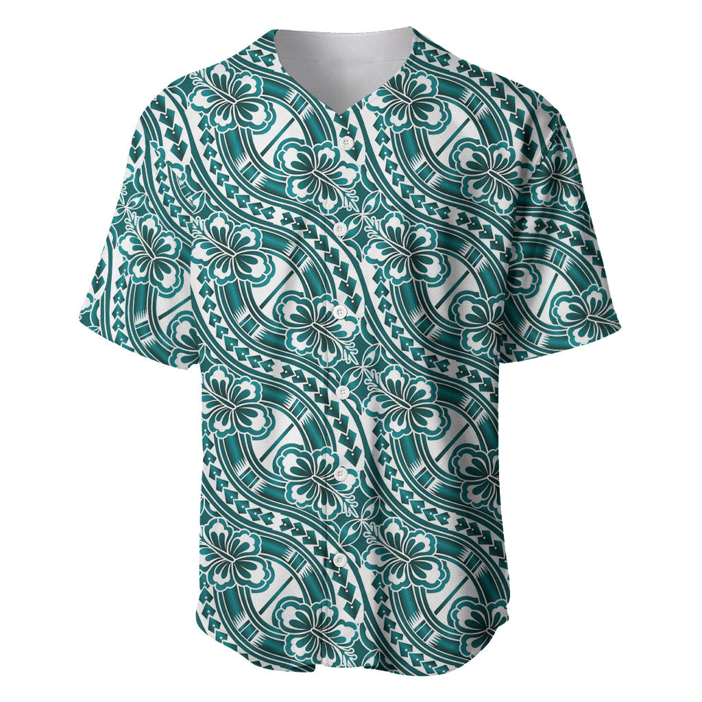 Hibiscus Bloom Island Tribal Waves Baseball Jersey Teal Polynesian Pattern