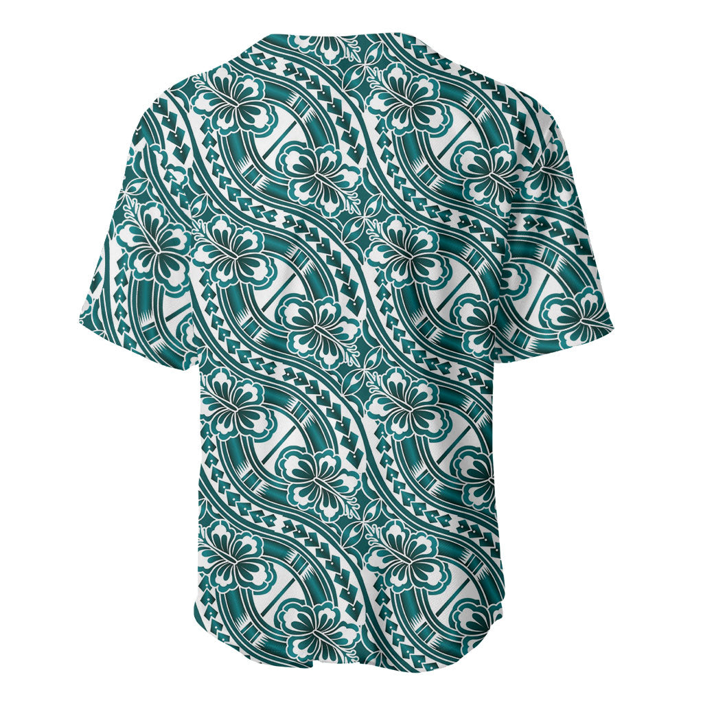 Hibiscus Bloom Island Tribal Waves Baseball Jersey Teal Polynesian Pattern