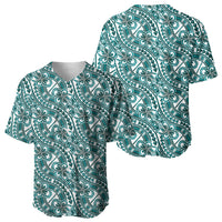 Hibiscus Bloom Island Tribal Waves Baseball Jersey Teal Polynesian Pattern