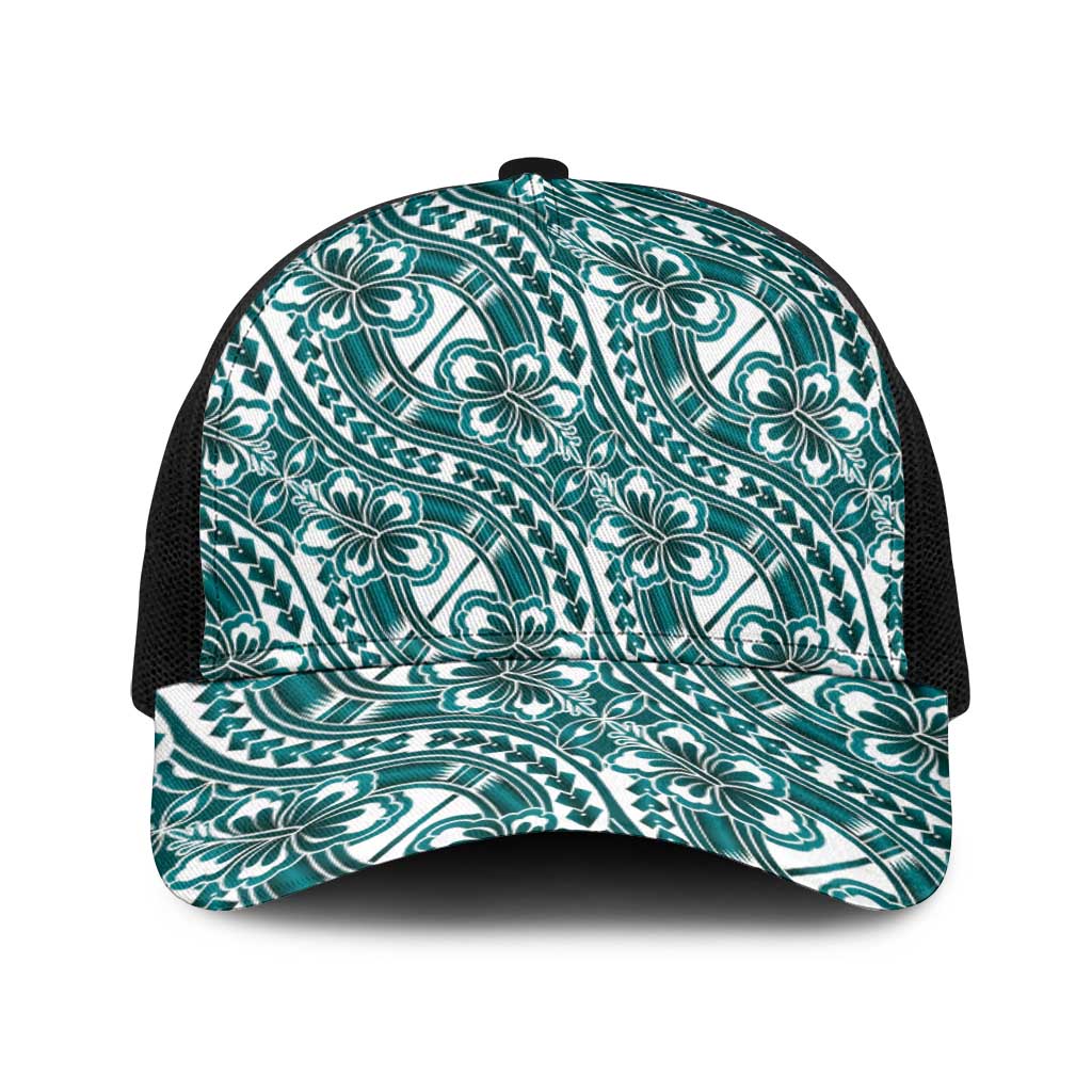 Hibiscus Bloom Island Tribal Waves Baseball Net Cap Teal Polynesian Pattern