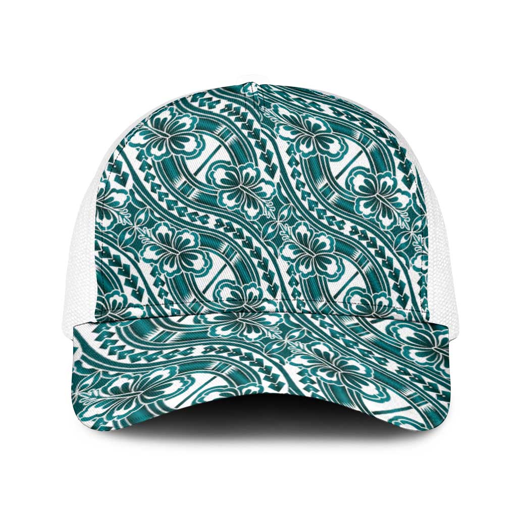 Hibiscus Bloom Island Tribal Waves Baseball Net Cap Teal Polynesian Pattern