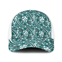 Hibiscus Bloom Island Tribal Waves Baseball Net Cap Teal Polynesian Pattern
