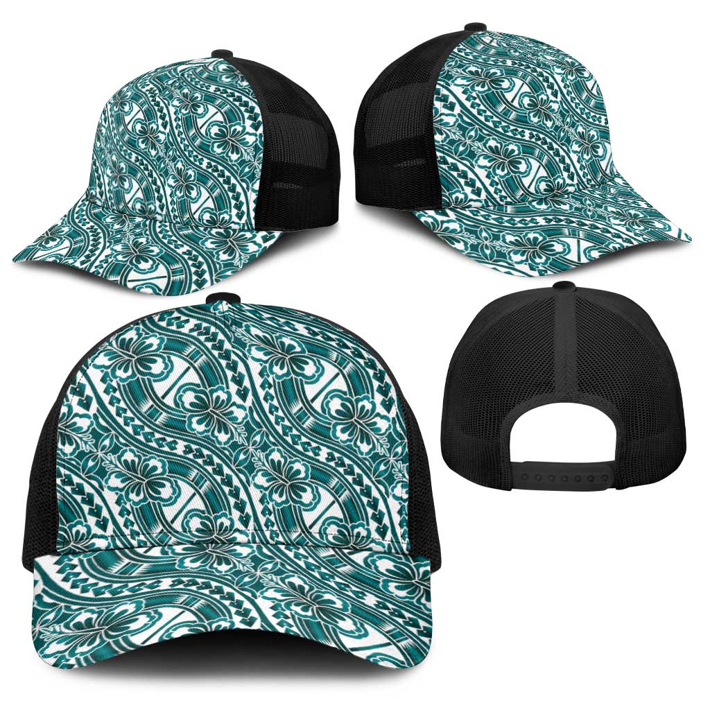 Hibiscus Bloom Island Tribal Waves Baseball Net Cap Teal Polynesian Pattern